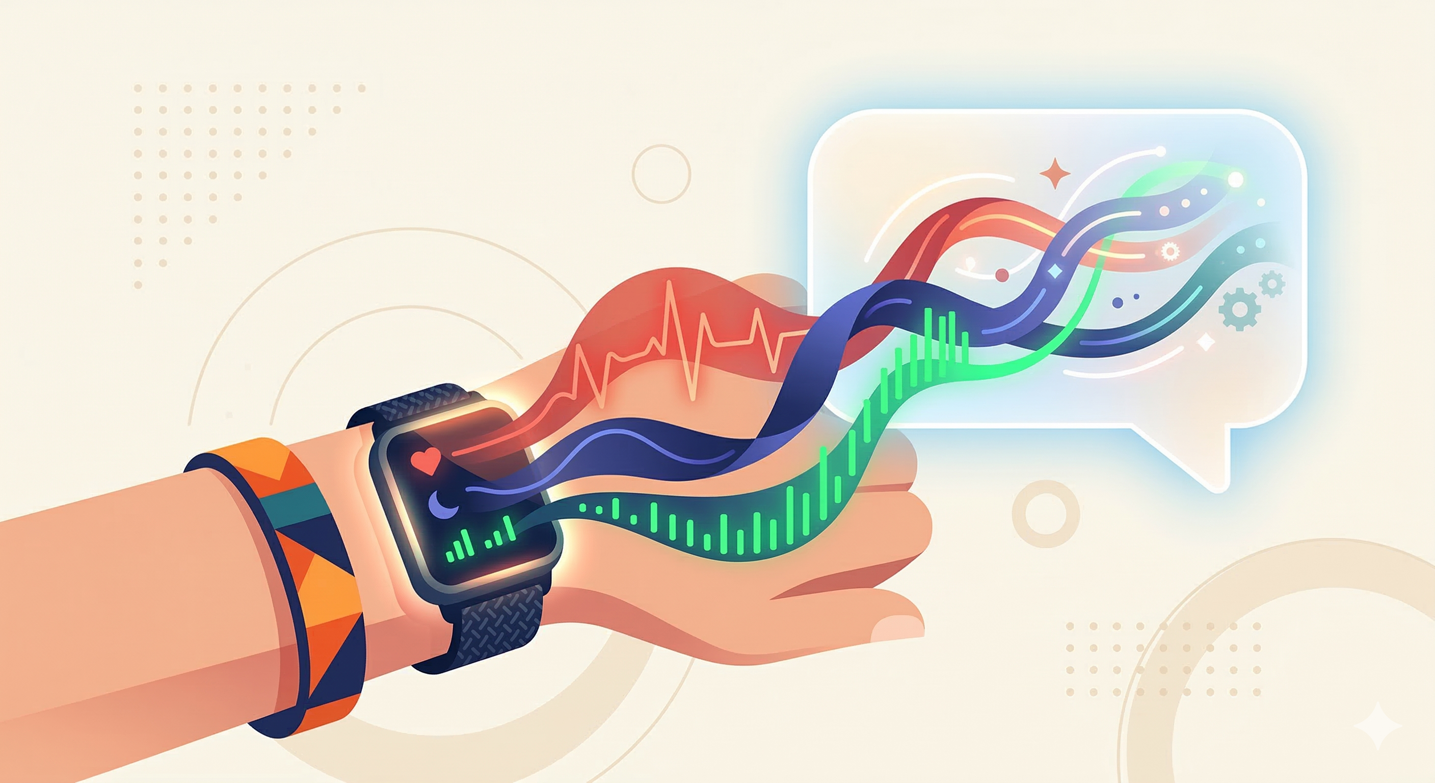 Illustration of a smartwatch with data streams flowing into a chat bubble